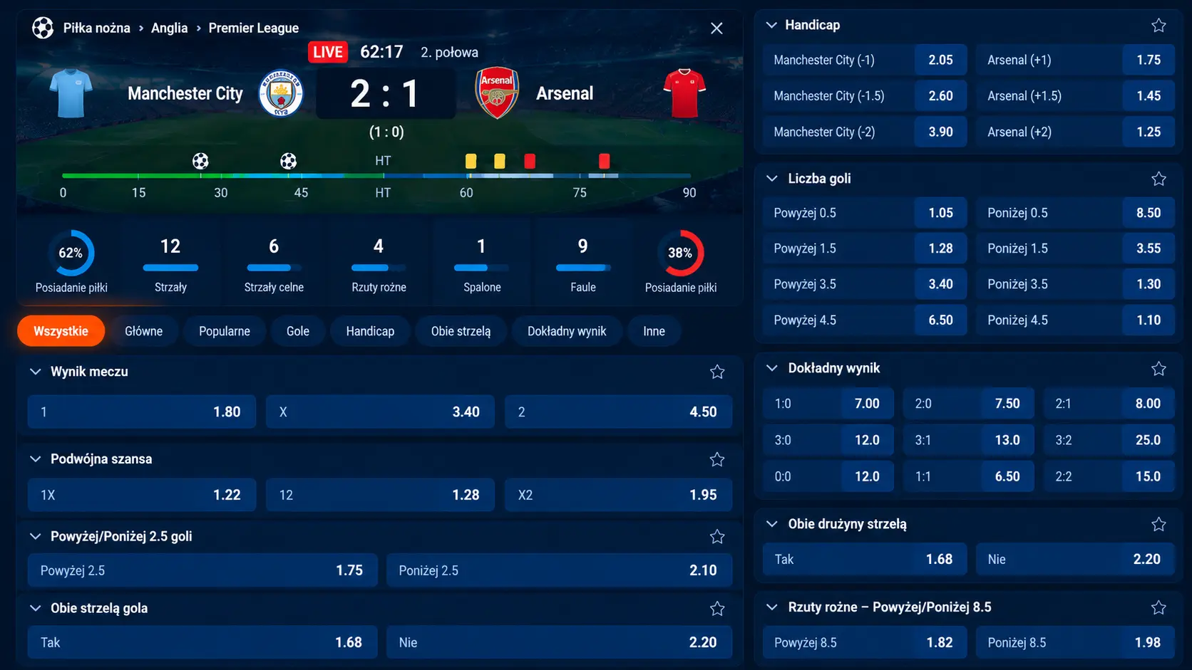 Live betting Mostbet – Manchester City vs Arsenal, kursy na żywo i Cash Out
