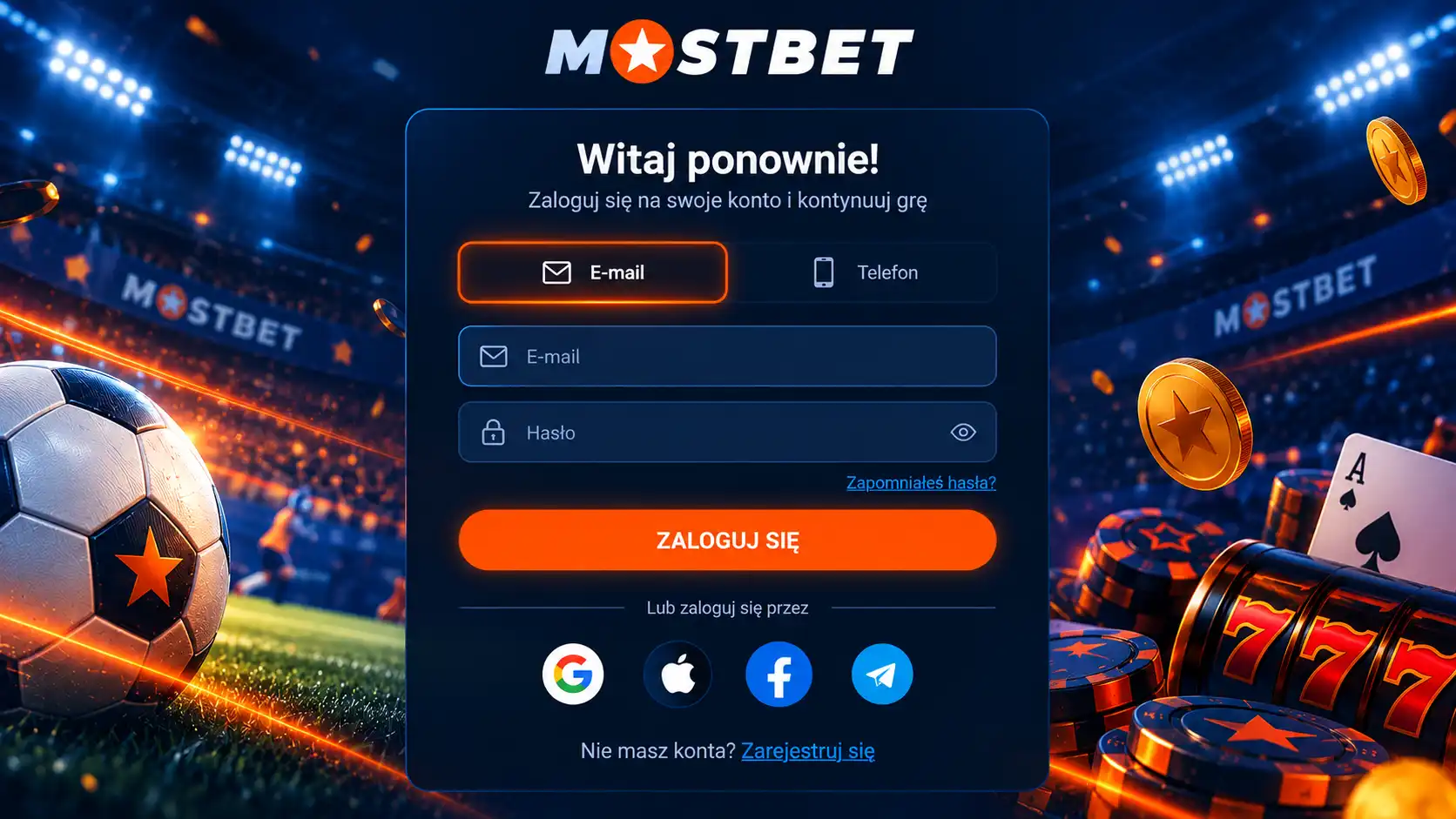 Strona logowania Mostbet – formularz e-mail, hasło, logowanie przez Google i Apple
