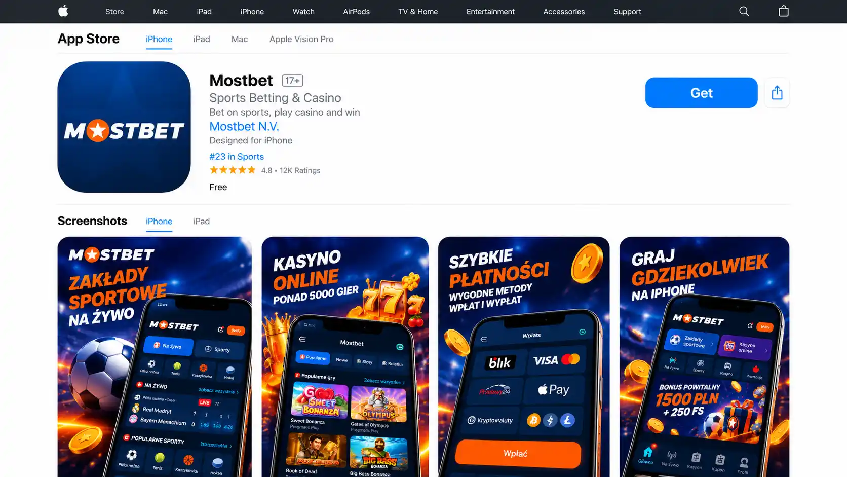 Mostbet w App Store – ocena 4.8, 12K recenzji, zakłady sportowe i kasyno na iPhone