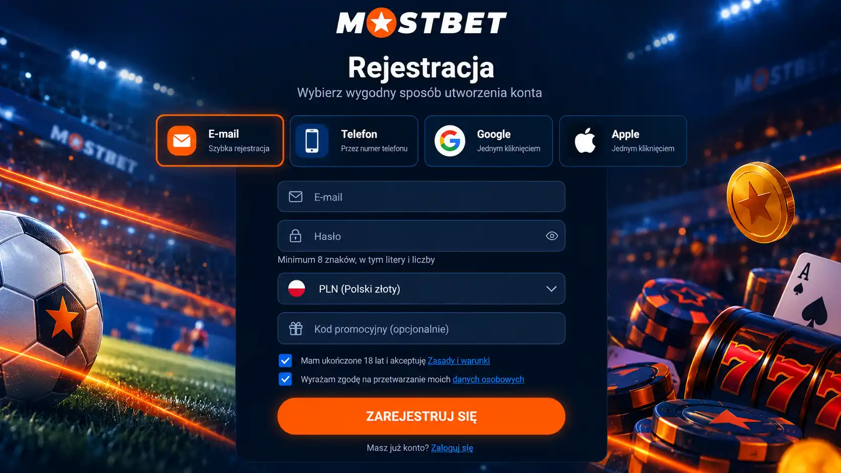 Formularz rejestracji Mostbet – metody: e-mail, telefon, Google, Apple
