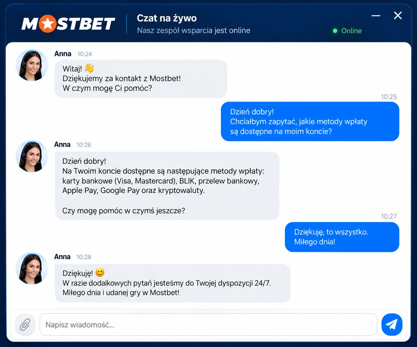 Czat na żywo Mostbet – rozmowa po polsku z konsultantem Anną, status Online